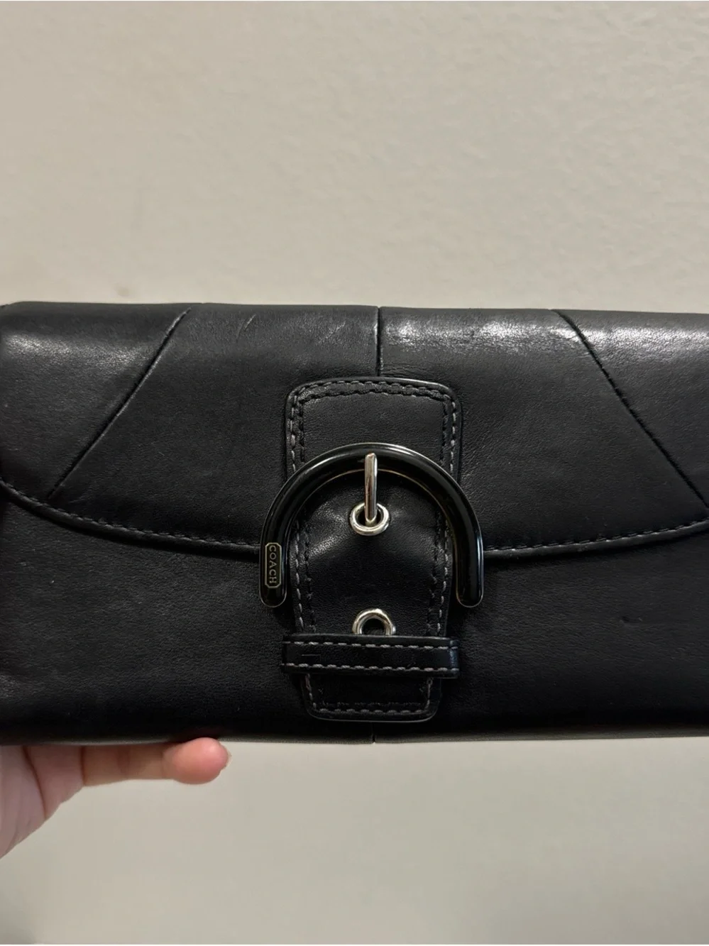 Coach Black Leather Clutch with Buckle Accent